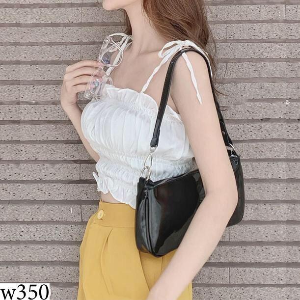 Sét đồ nữ áo trắng kiểu Croptop hai dây nhún eo phối quần ống rộng lưng cao thiết kế trẻ trung thích hợp mặc đi chơi AM