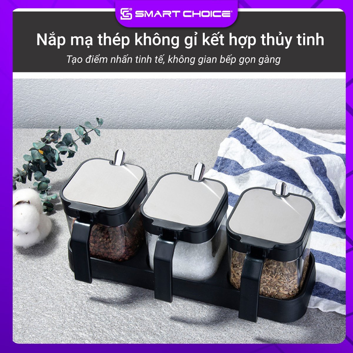 Lọ Đựng Gia Vị Thủy Tinh SMARTCHOICE Có Thìa Kèm Khay Cao Cấp, Set 3 Hũ Đựng Gia Vị Dày Dặn Nắp Bật Inox 304 - Hàng Chính Hãng