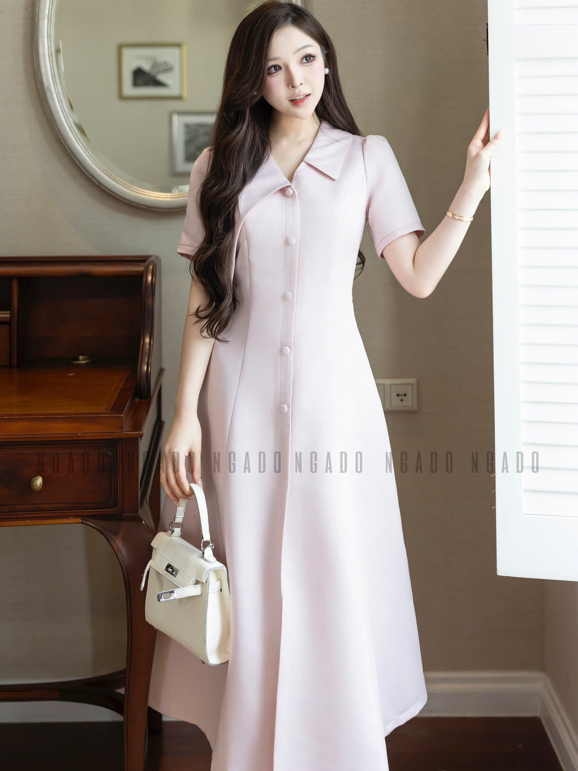 Đầm hồng cổ vest NGADO , đầm công sở , dự tiệc