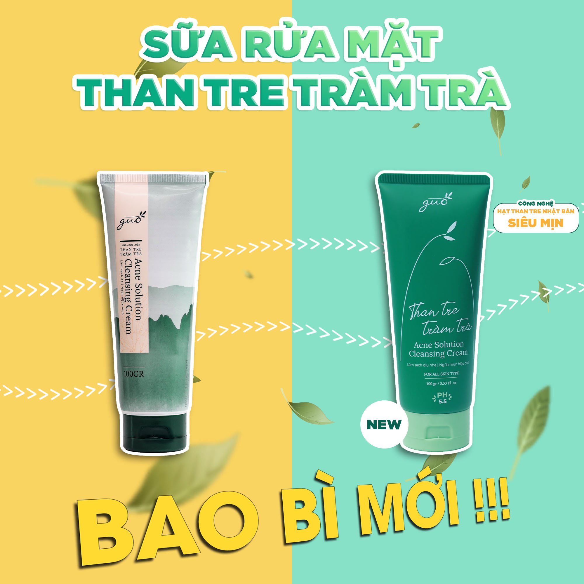 Bộ sữa rửa mặt than tre và toner tràm cúc GUO - ngừa mụn, sạch dịu nhẹ cho da nhạy cảm