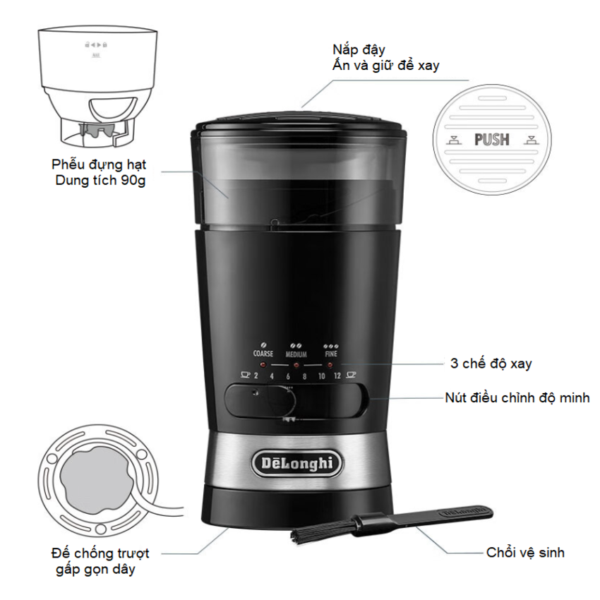 Máy xay hạt cà phê và các loại hạt thương hiệu Delonghi KG210 công suất 170W - Hàng Chính Hãng