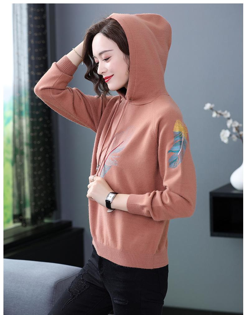 SHOPPRO - Áo Len Dáng Suông Nữ Tính Dạo Phố Kiểu Áo Len Dạng Hoodie Thêu Lông Vũ - THỜI TRANG THU ĐÔNG 2069