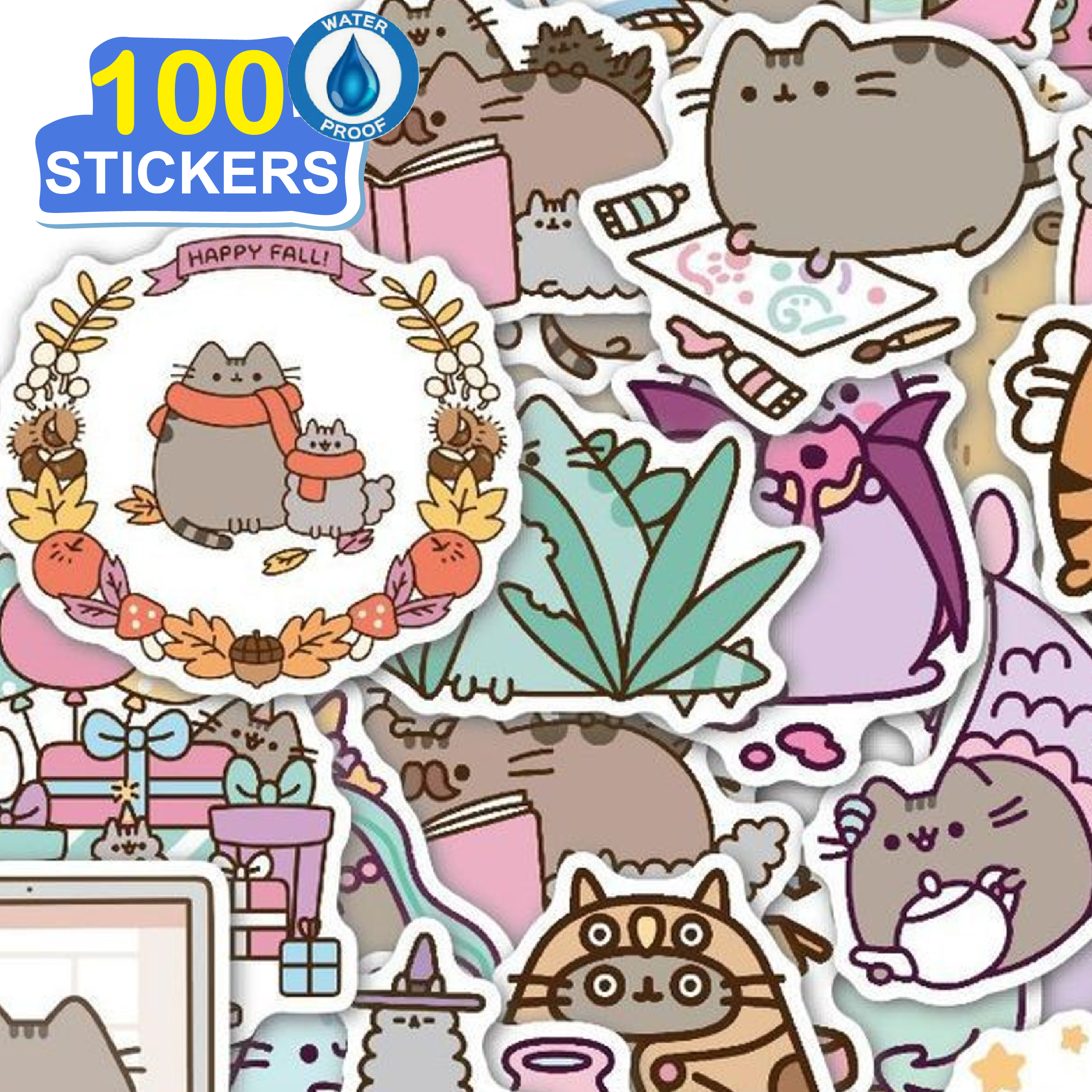 100 Stickers hoạt hình mèo ú hình dán dễ thương trang trí laptop, điện thoại, ipad, cốc nước, sổ tay, vali du lịch, scooter, ván trược - Chống thấm nước - FiDi