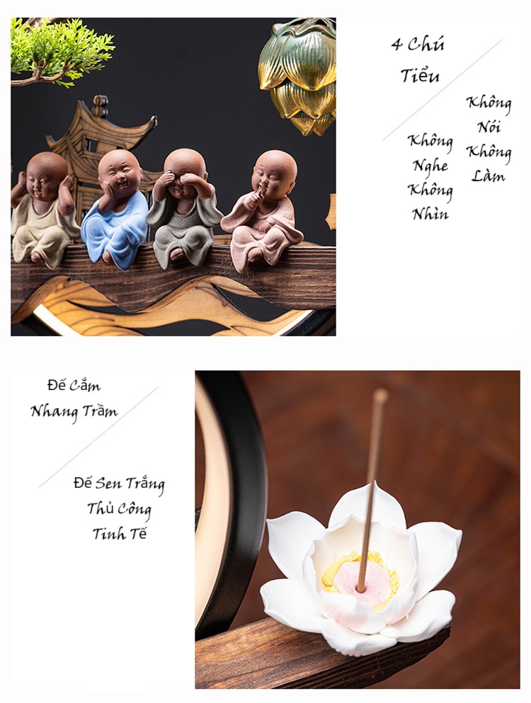 Thác Khói Trầm Hương Tứ Không – Bộ Tượng Bốn Chú Tiểu Phong Thủy Có Đèn LED & Cây Xanh Tài Lộc, Trang Trí Bàn Làm Việc (Tặng kèm chuỗi hạt 6 ly)