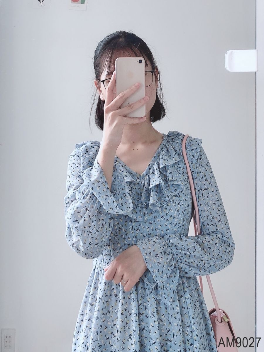 Đầm xòe midi Nữ hoa nhí tay dài OvanMade AM9027