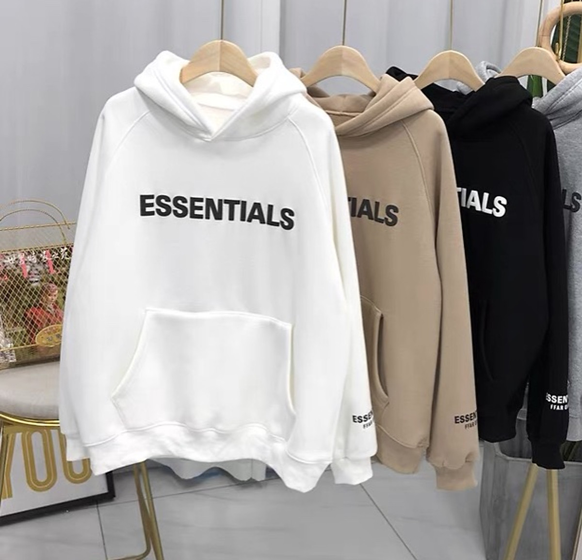 áo hoodie nam nữ, áo hoodie có mũ in chữ essend 2 màu năng động phong cách hàn quốc