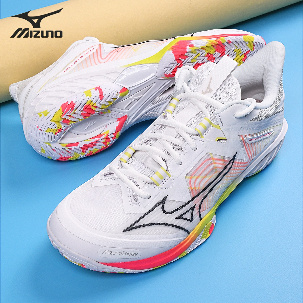 Giày cầu lông Mizuno nam nữ Wave Claw Neo 2 màu trắng cam - tặng tất thể thao bendu