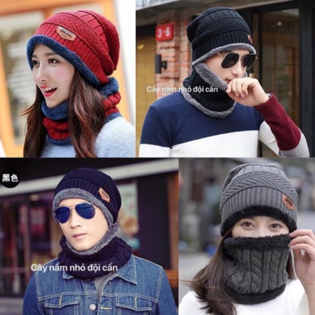 Bộ khăn mũ nam nữ chất liệu len lót lông khăn ống