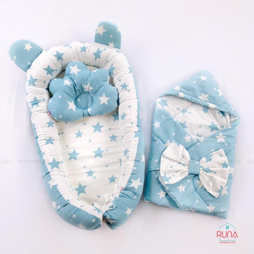 Combo nôi, gối chống bẹt đầu và chăn cho bé sơ sinh RUNA KIDS chất liệu Cotton Hàn 100%, mềm mịn, an toàn cho da bé