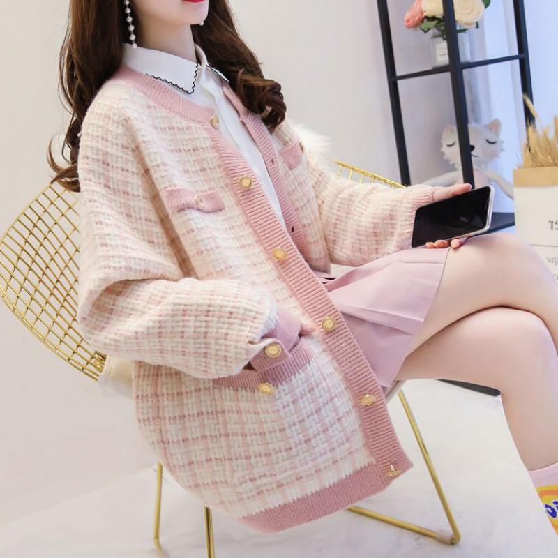 Áo khoác len nữ dáng rộng áo dạ tweed cổ tròn phong cách Hàn