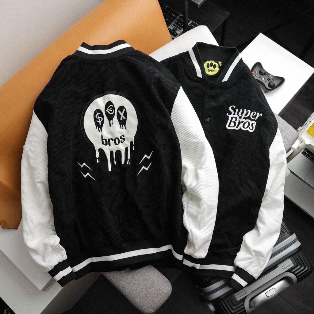 Áo Khoác Bomber Jacket Nhung Gân Tăm Thêu SUPER BROS Varsity Basic Form Rộng Nam Nữ Unisex Ulzzang