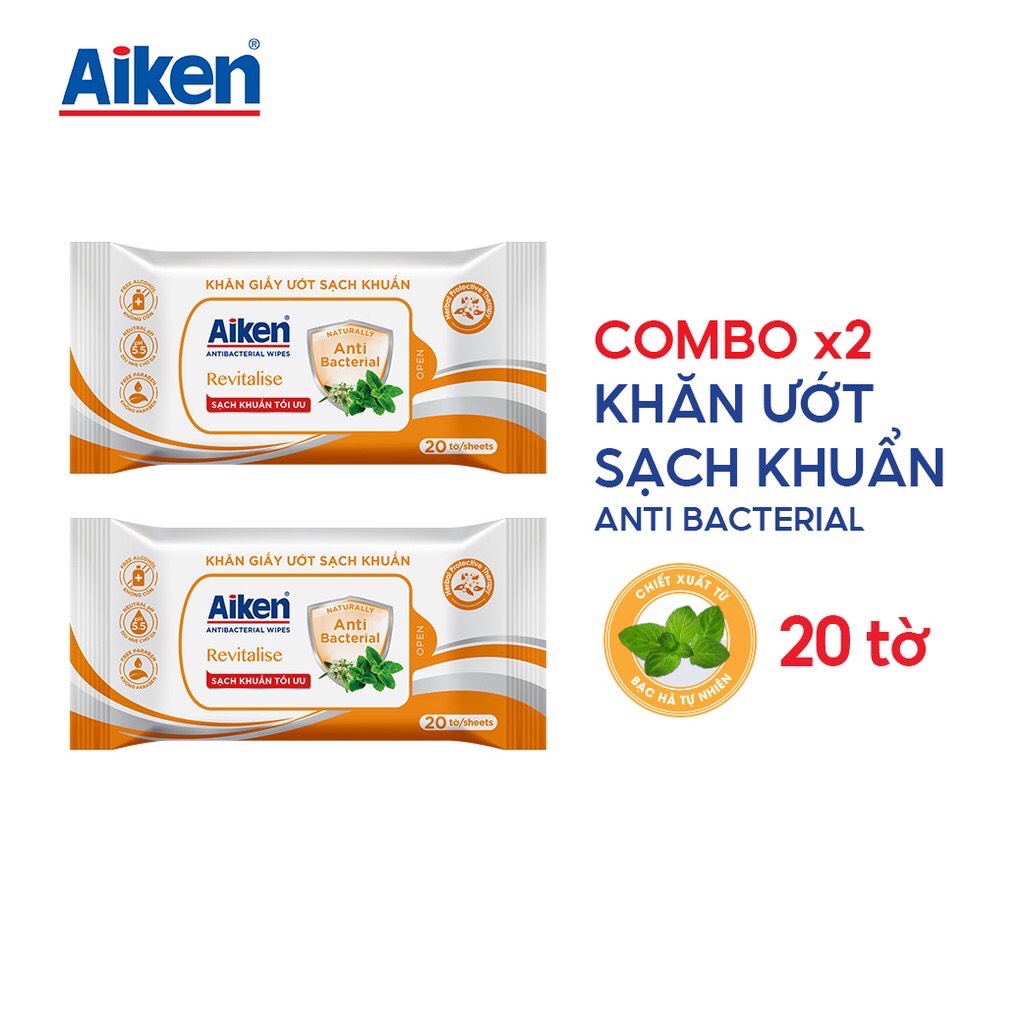 Aiken Combo 2 Gói Khăn Ướt Sạch Khuẩn Chiết Xuất Bạc Hà 20 Tờ