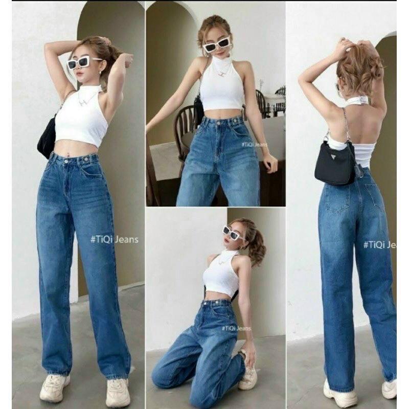 Quần bò ống rộng cạp đinh xanh TC6