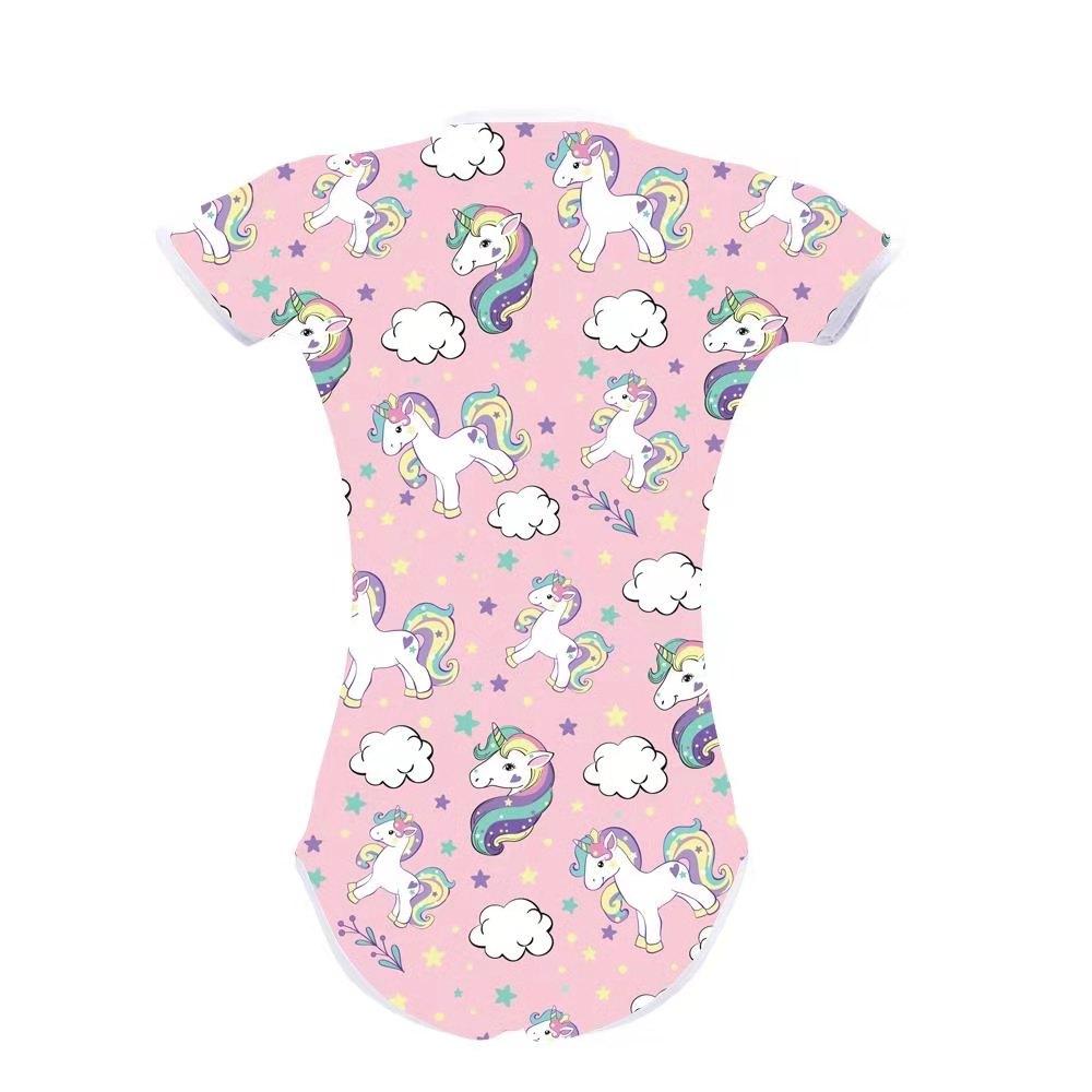 DDLG Trưởng Thành Bodysuit Tã Người Yêu Nữ Tay Ngắn Ốp Đáy Quần Người Lớn Onesie Liền Quần Romper Áo Liền Quần Với In Hình Kỳ Lân Cho Người Lớn Bé Trai