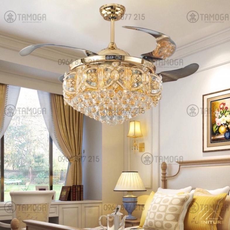 Quạt có đèn, quạt trần trên nhà đèn dấu cánh Ca Sỹ Pha Lê HAPOVA DQ 8048 + ưu đãi khiển