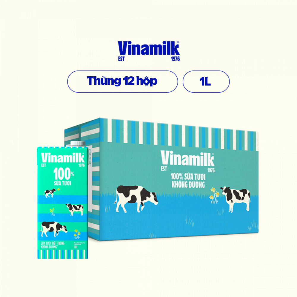 Thùng 12 Hộp Sữa Tươi Tiệt Trùng Vinamilk 100% Không Đường (1L)