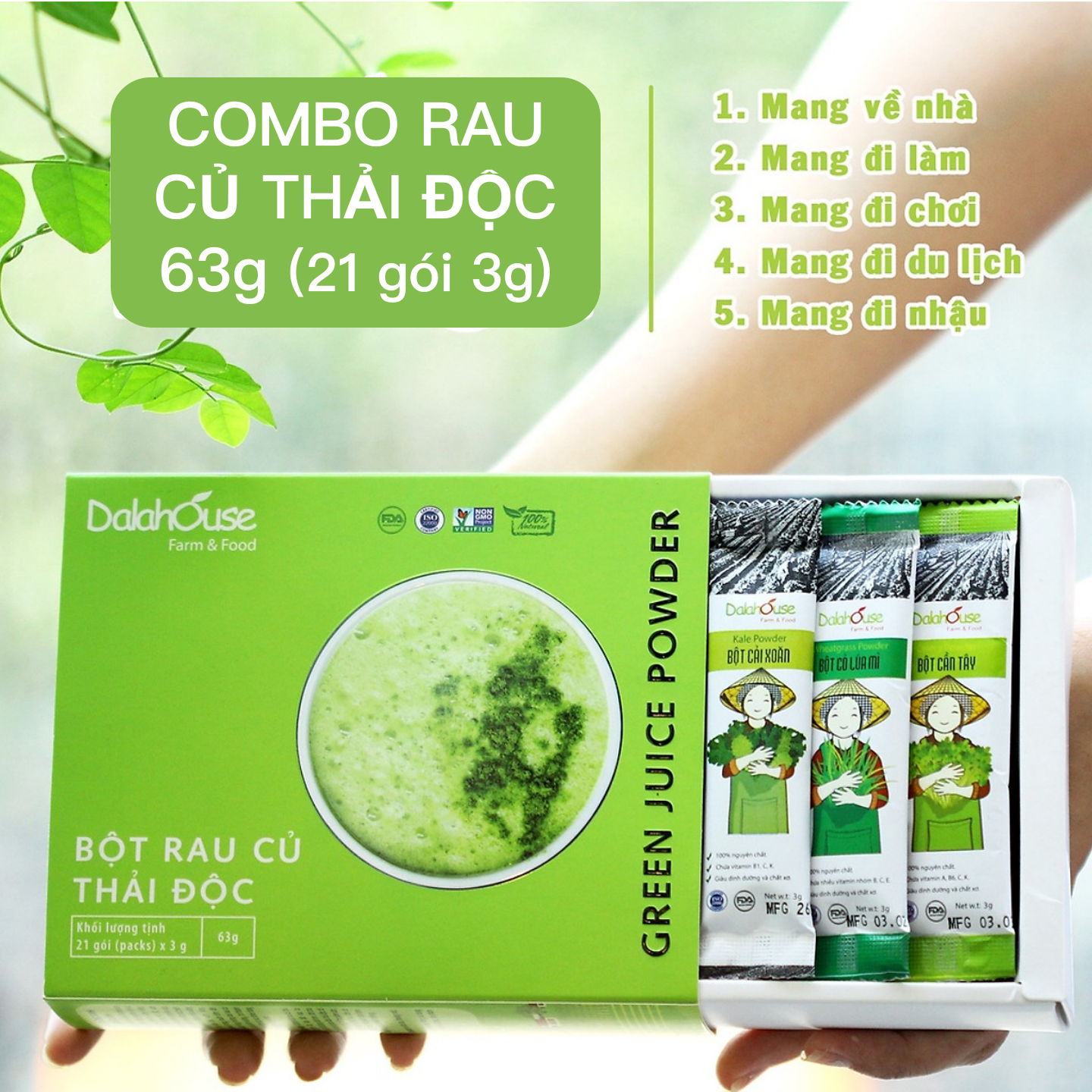 Combo Bột Rau Củ Thải Độc Dalahouse Hộp 63gr (Mẫu mới gồm 7 loại rau củ chia tuýp nhỏ) Sấy lạnh nguyên chất - Detox thanh lọc cơ thể