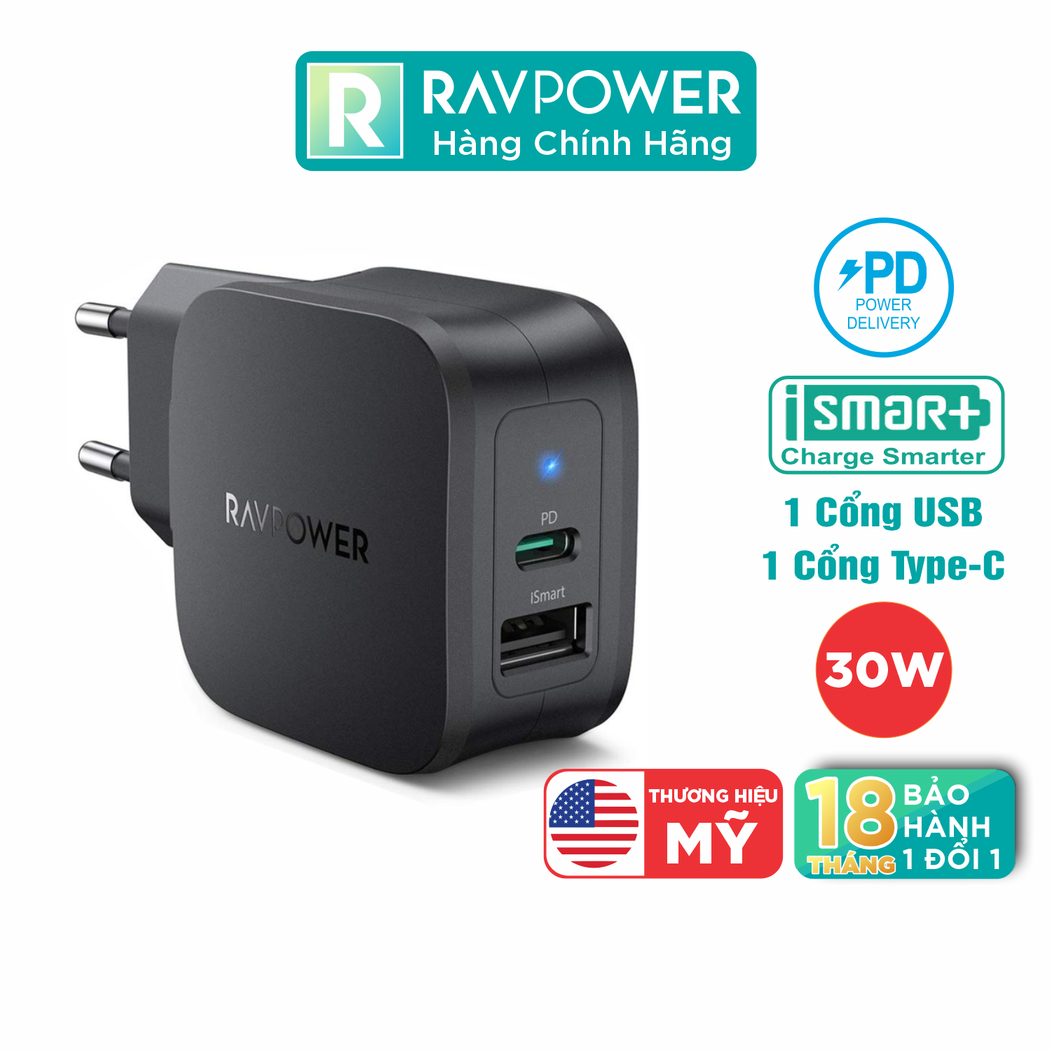 Củ Sạc Điện Thoại 30W 1 Cổng USB Và 1 Type-C PD 18W RAVPower RP-PC132 - Hàng Chính Hãng