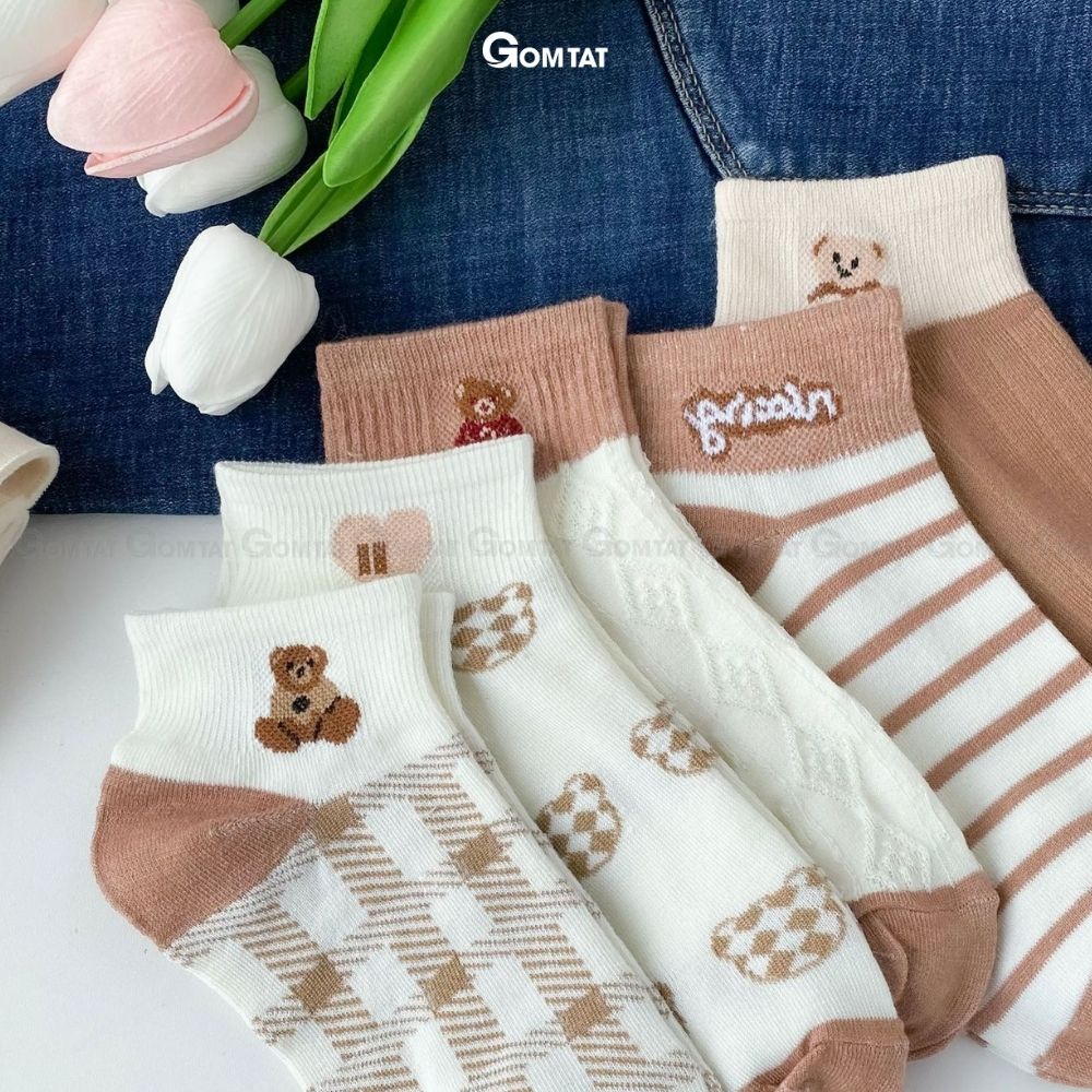 Set 5 đôi tất nữ cổ ngắn GOMTAT họa tiết hình gấu dễ thương, vớ nữ cổ thấp chất liệu cotton mềm mịn thoáng mát êm chân - CB094