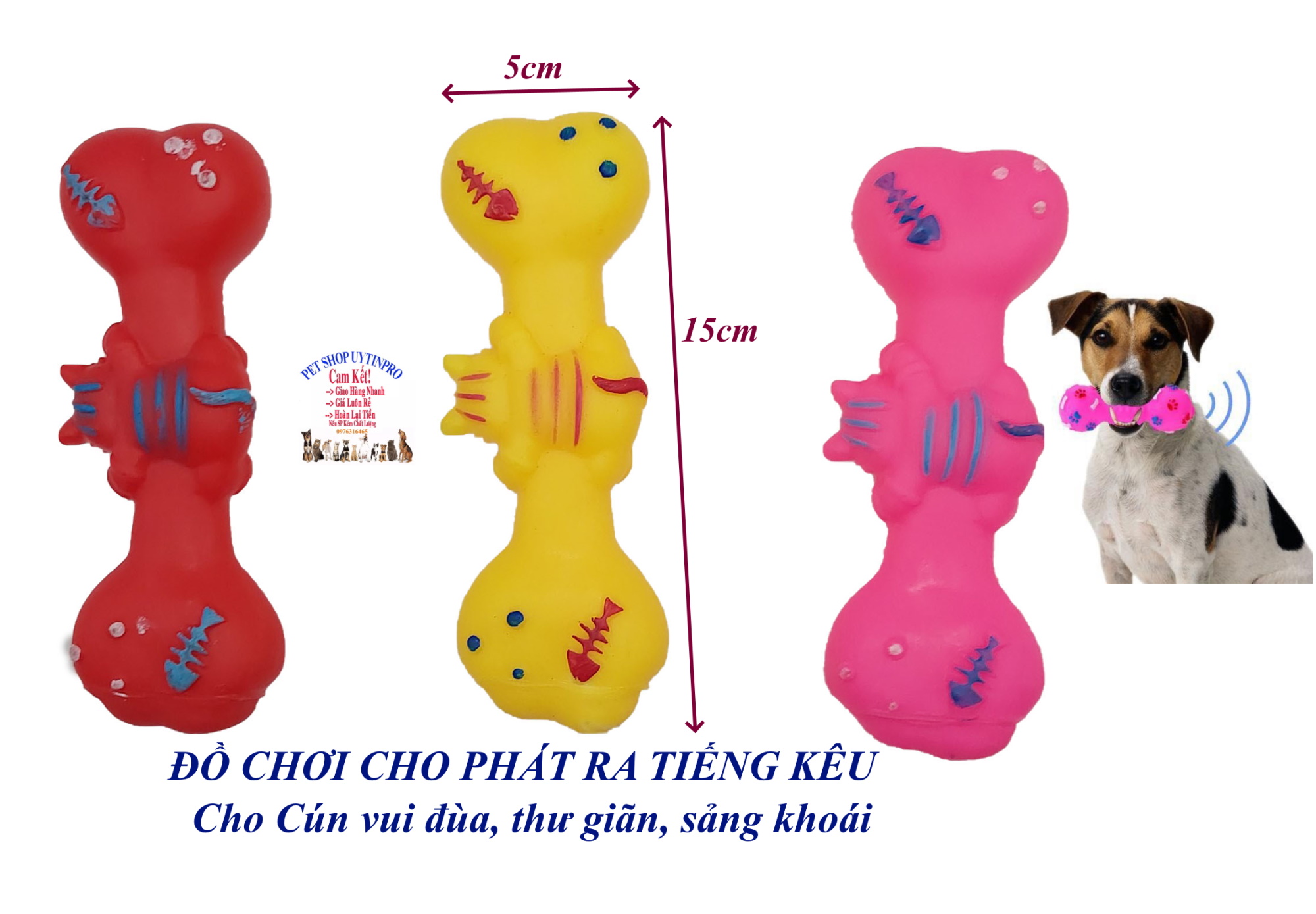 Đồ chơi cho Chó Hình khúc xương Dài 16cm Gắn hình cún đu Phát ra tiếng kêu, Chất liệu nhựa dẻo, Giúp Boss sảng khoái