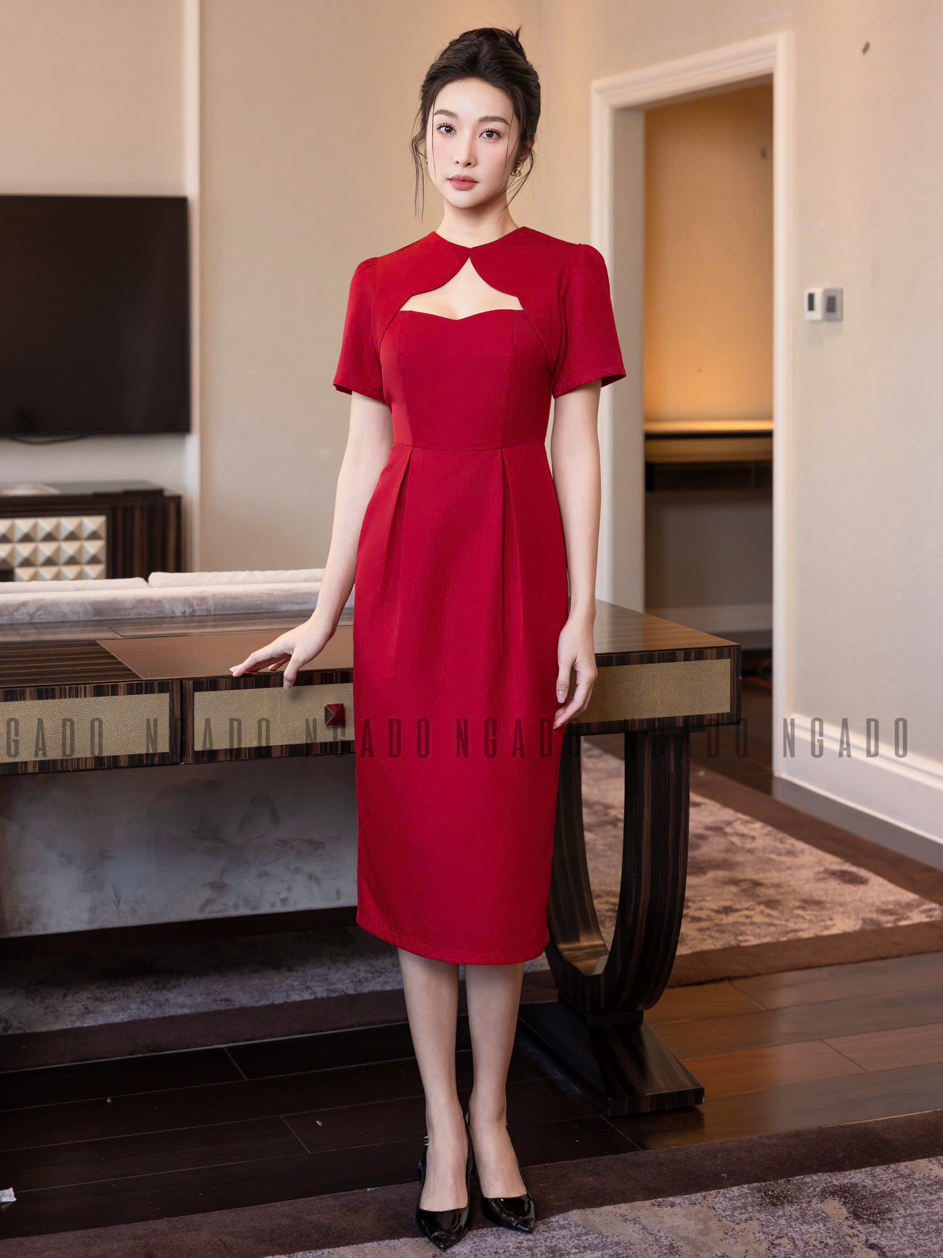 Đầm đỏ cúp ngực NGADO , đầm kiểu Nữ , đầm công sở , dự tiệc