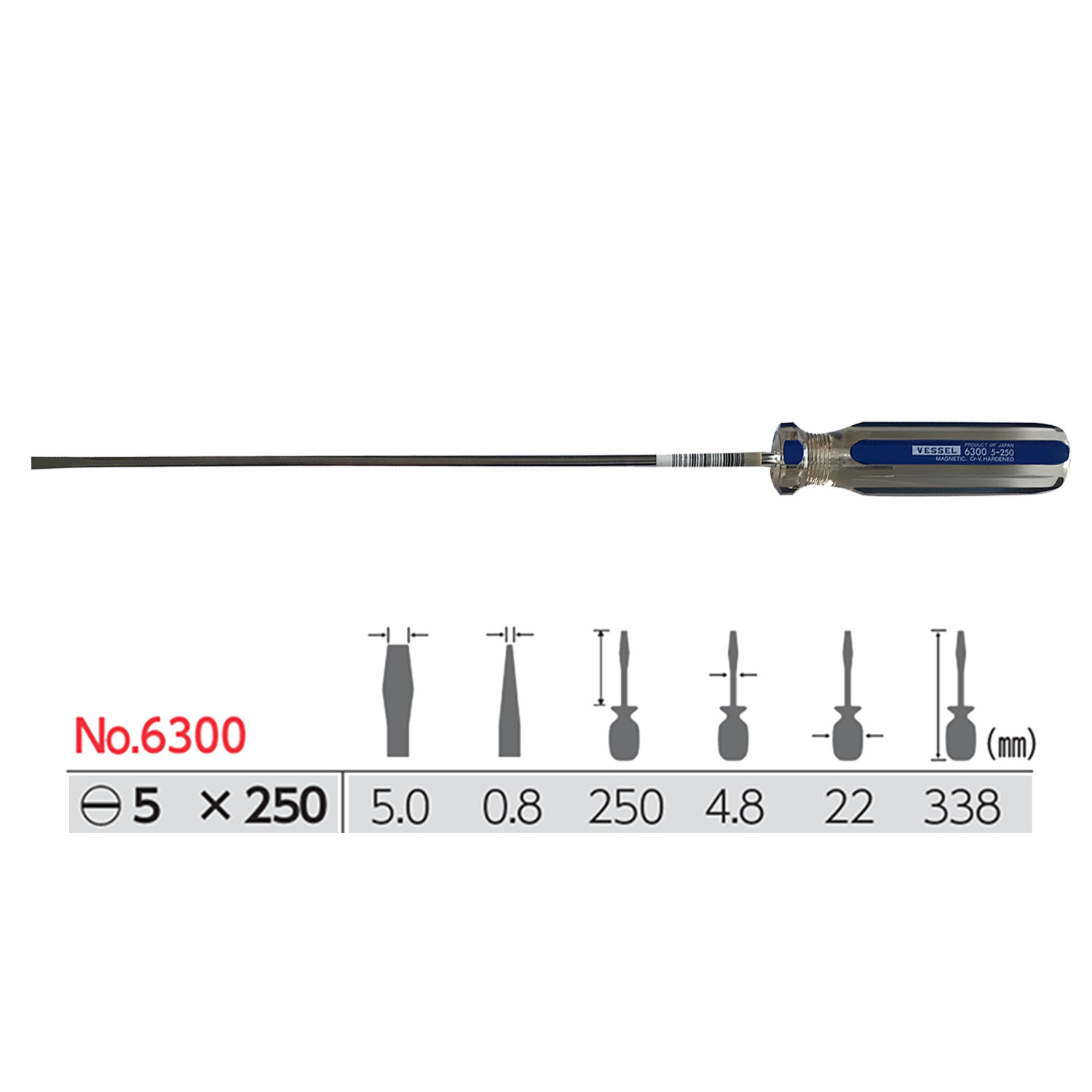 Tô vít thân dài mũi dẹt cán nhựa trong No.6300 Vessel sản xuất tại Nhật Bản