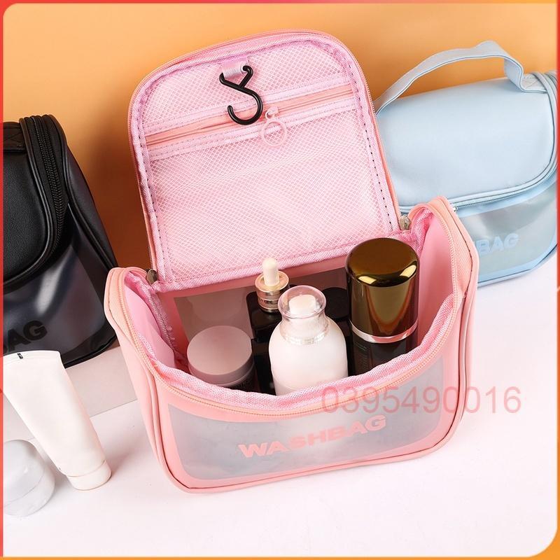 Túi đựng mỹ phẩm du lịch trong suốt cao cấp WASHBAG da mềm mại, chống nước có quai xách, có móc treo tiện dụng - TRẮNG