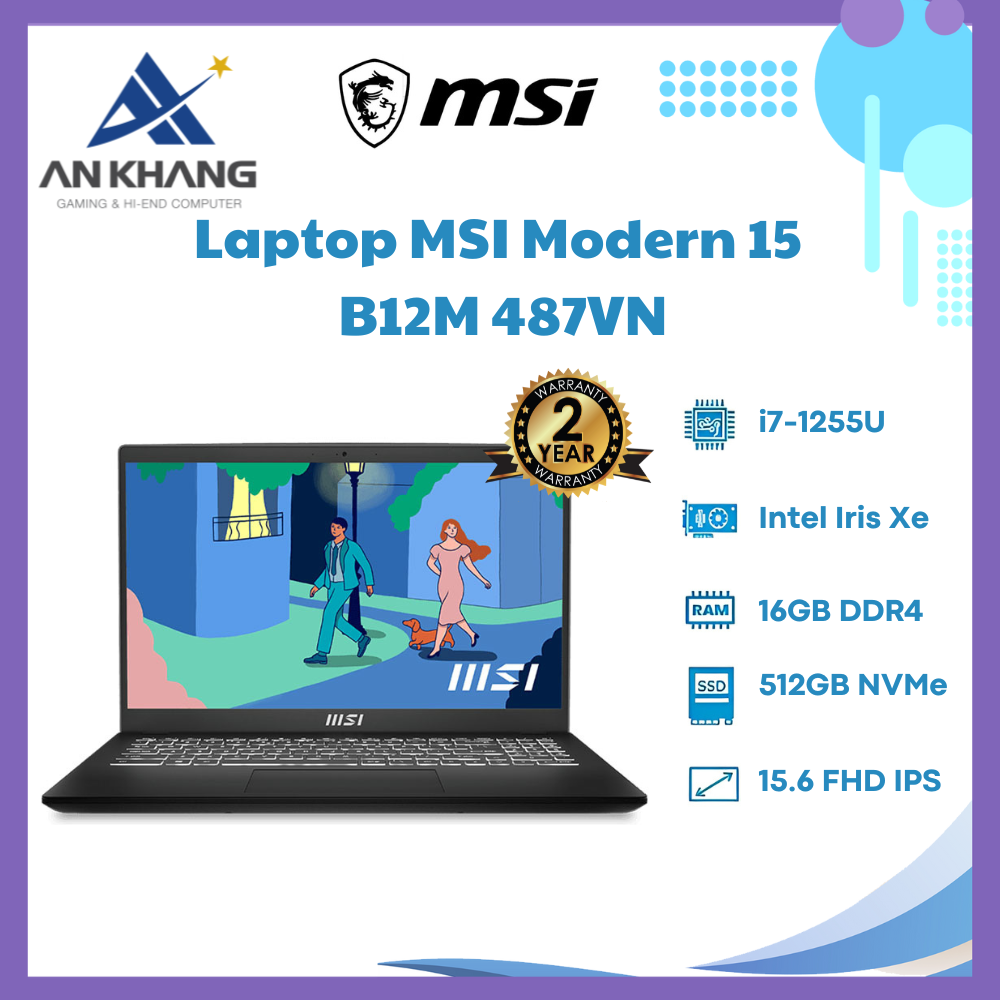 Laptop MSI Modern 15 B12M - 487VN (Core i7 1255U/ 16GB/ 512GB SSD/ Intel Iris Xe Graphics/ 15.6inch Full HD/ Windows 11 Home/ Black) - Hàng Chính Hãng - Bảo Hành 24 Tháng