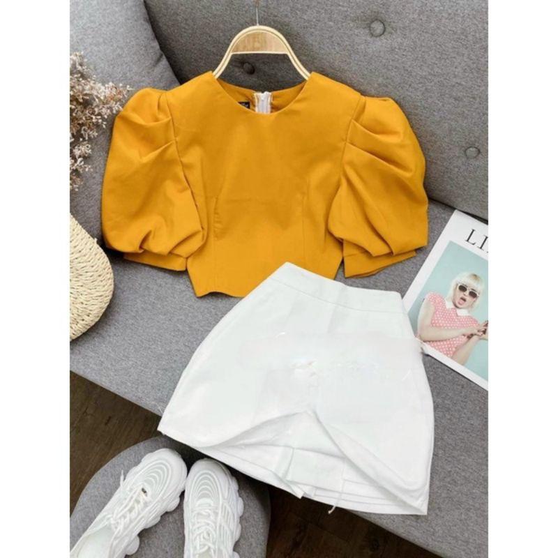 Áo Croptop Tay Phồng YURITA Khoá Sau Cổ Tròn Style Hàn Quốc Tiểu Thư Dễ Thương Tay Ngắn Nhiều Màu Chất Dày Dặn