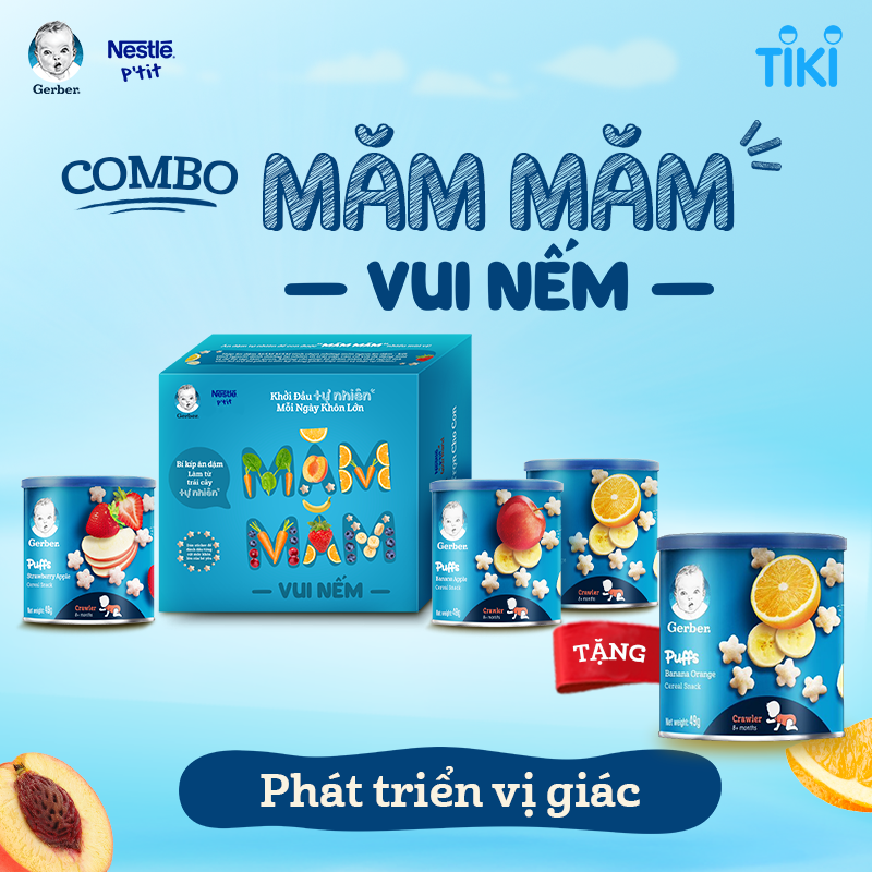 Măm măm vui nếm - Combo 3 Bánh ăn dặm Gerber vị Cam Chuối/ Chuối Táo/ Dâu Táo + Tặng 1 lon Gerber puff