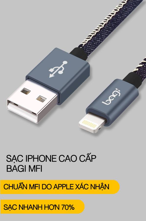 Cáp Sạc Nhanh Bộc Da Đạt Tiêu Chuẩn MFI Dài 1m Dành Cho IPhone,IPad - Bagi MFI S100 - Hàng Chính Hãng