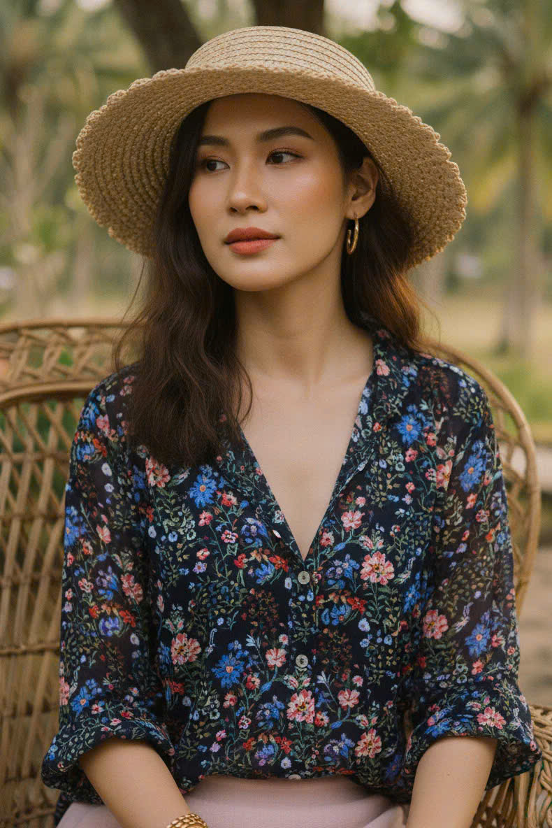 Áo Sơ Mi Hoa Điểm Ngọc, Áo Sơ Mi Tay Dài Nữ Chiffon Voan Hoa Cổ Điển Vintage thời trang thiết kế Hity Top171