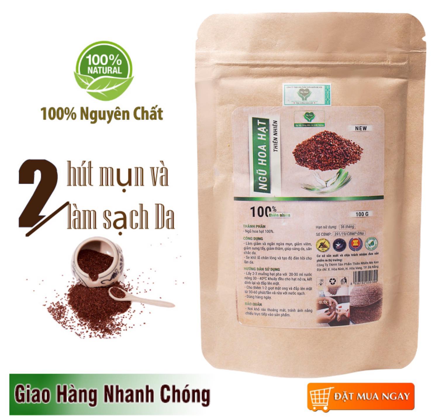 Ngũ hoa hạt thiên nhiên MẸ KEN 100G - ngũ hoa đắp mặt, mặt nạ ngũ hoa hạt, hạt đình lịch - Tặng kèm khăn mặt