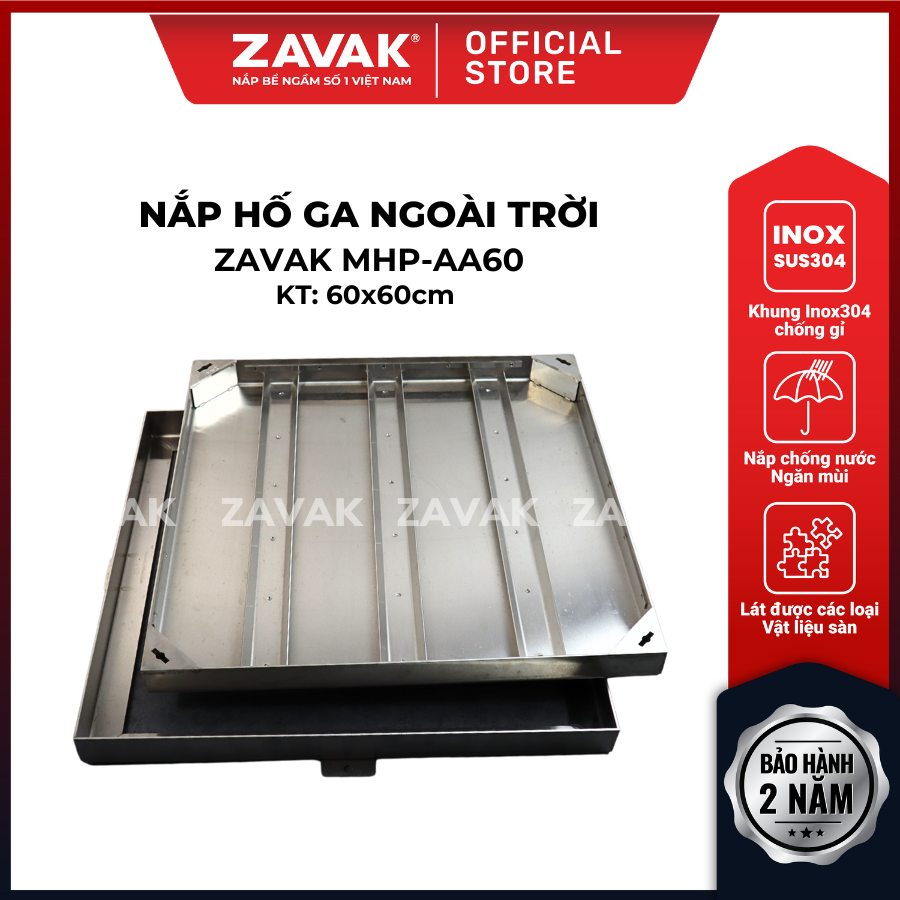 Nắp hố ga Zavak MHP-AA60 KT60x60cm, lát đá dày 2cm, chịu tải xe 3.2 tấn, inox 304