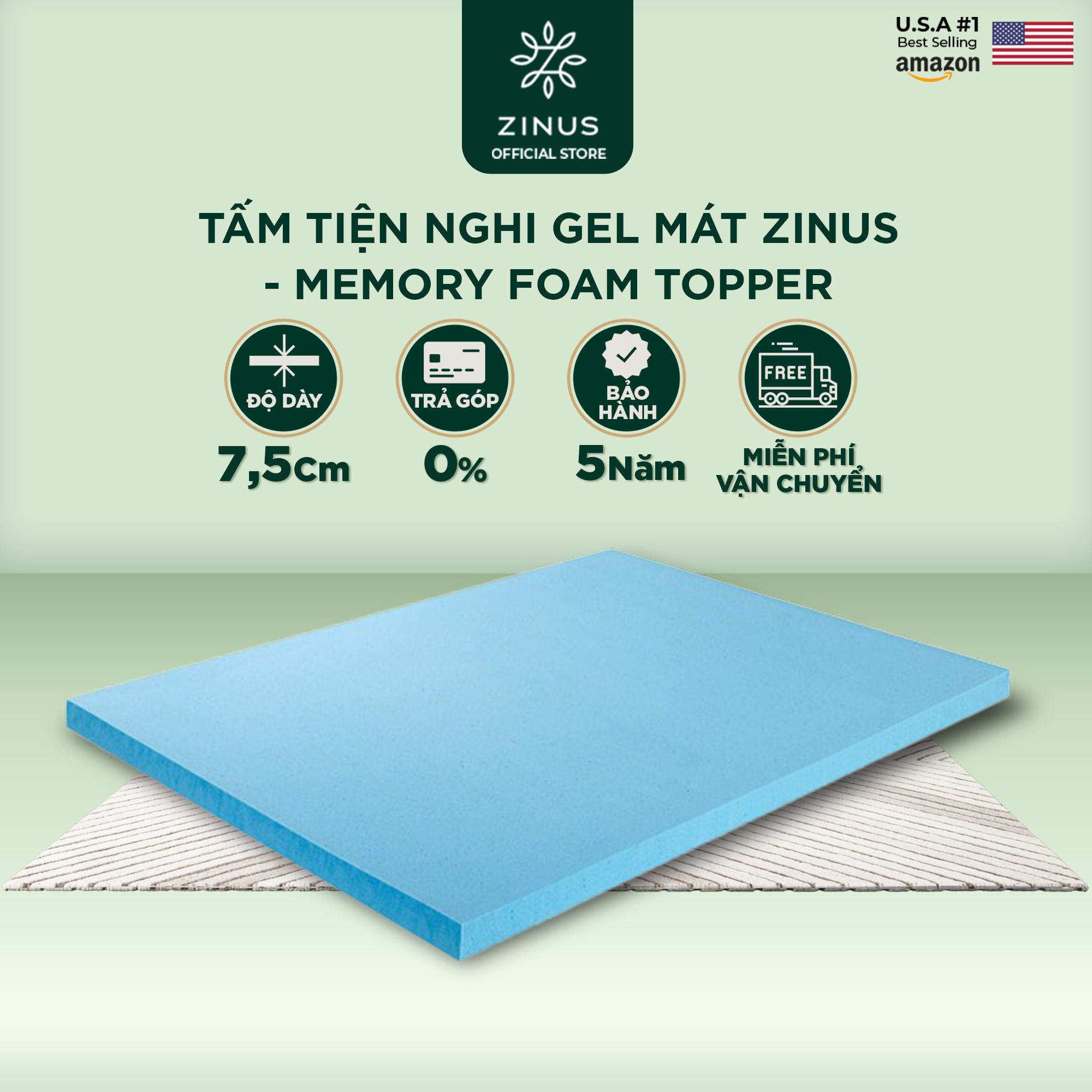 Topper Tấm Tiện Nghi Làm Mềm Nệm Gel Mát Cao Cấp Zinus - Gel Memory Foam Mattress Topper with Cover 180x200*7.5cm