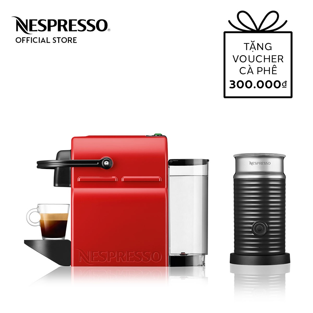Bộ máy pha cà phê Nespresso Inissia Đỏ &amp; máy đánh sữa Aeroccino 3 - Hàng chính hãng