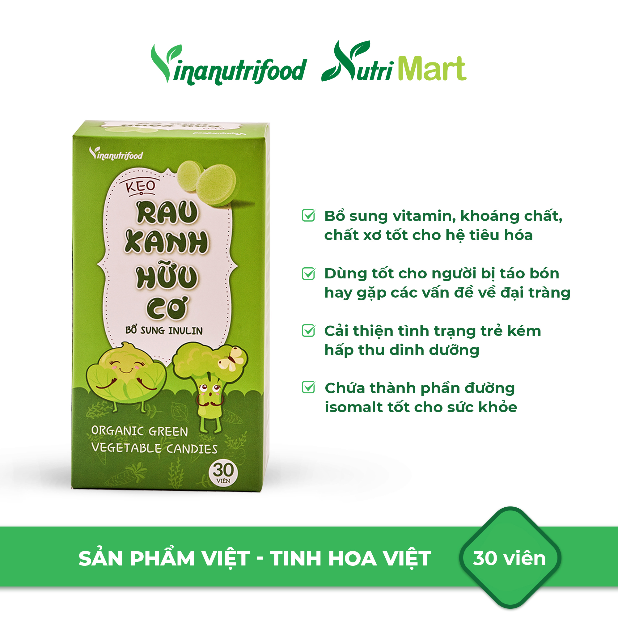 Kẹo rau xanh Vinanutrifood bổ sung chất xơ thành phần từ rau xanh, sữa bò cô đặc, đường ăn kiêng Isomalt, bổ sung tinh chất rau củ chứa vitamin và khoáng chất xơ, có lợi cho tiêu hóa, phù hợp với bé lười ăn rau, hộp 30 viên