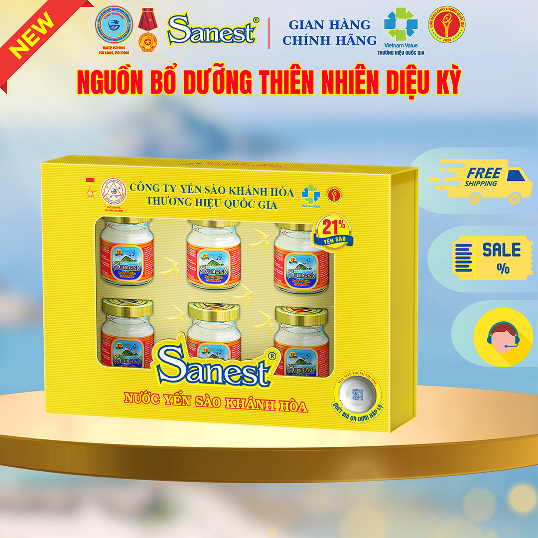 NEW [ Hộp 6 lọ quà tặng] Nước Yến sào Khánh Hòa Sanest 21% - Có đường