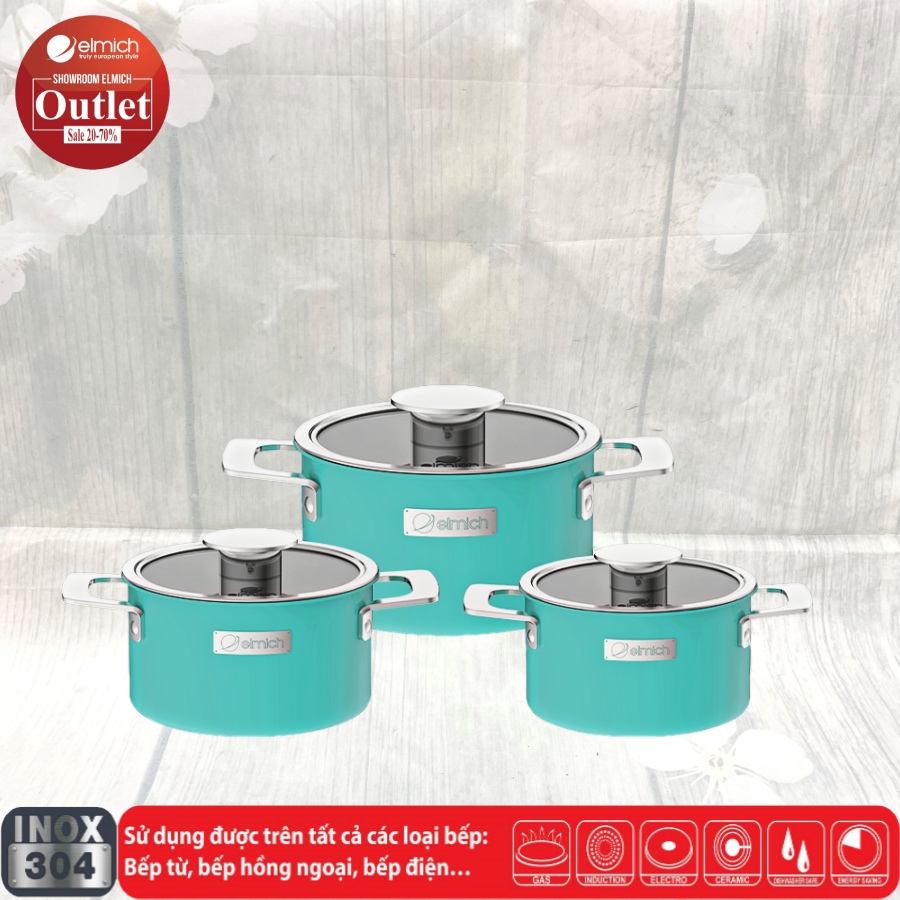 Bộ 3 Nồi Inox Liền Khối Elmich Hera size 16, 20, 22cm Xanh-Tím-Vàng