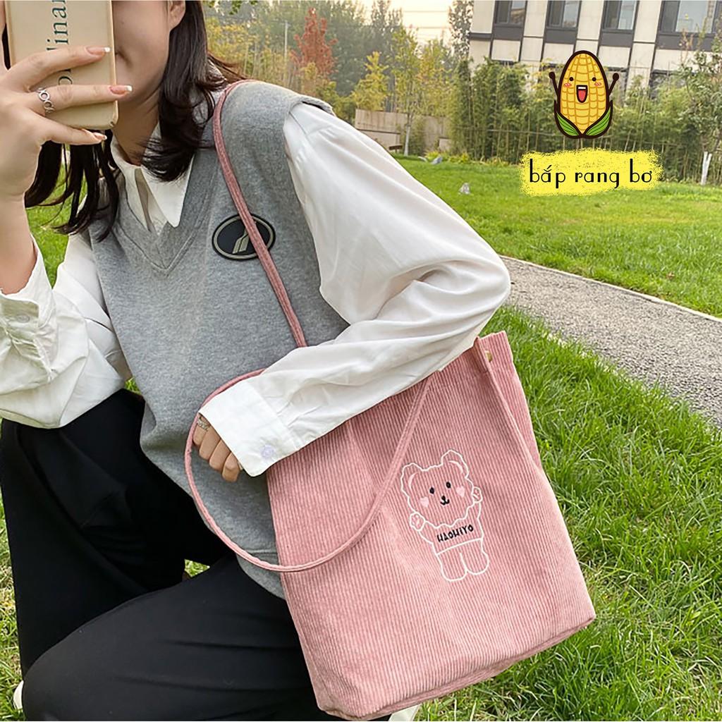 Túi Vải Nhung Đeo Vai Hình Gấu Ba Màu So Cutie Túi Tote Họa Tiết Gấu Đáng Yêu