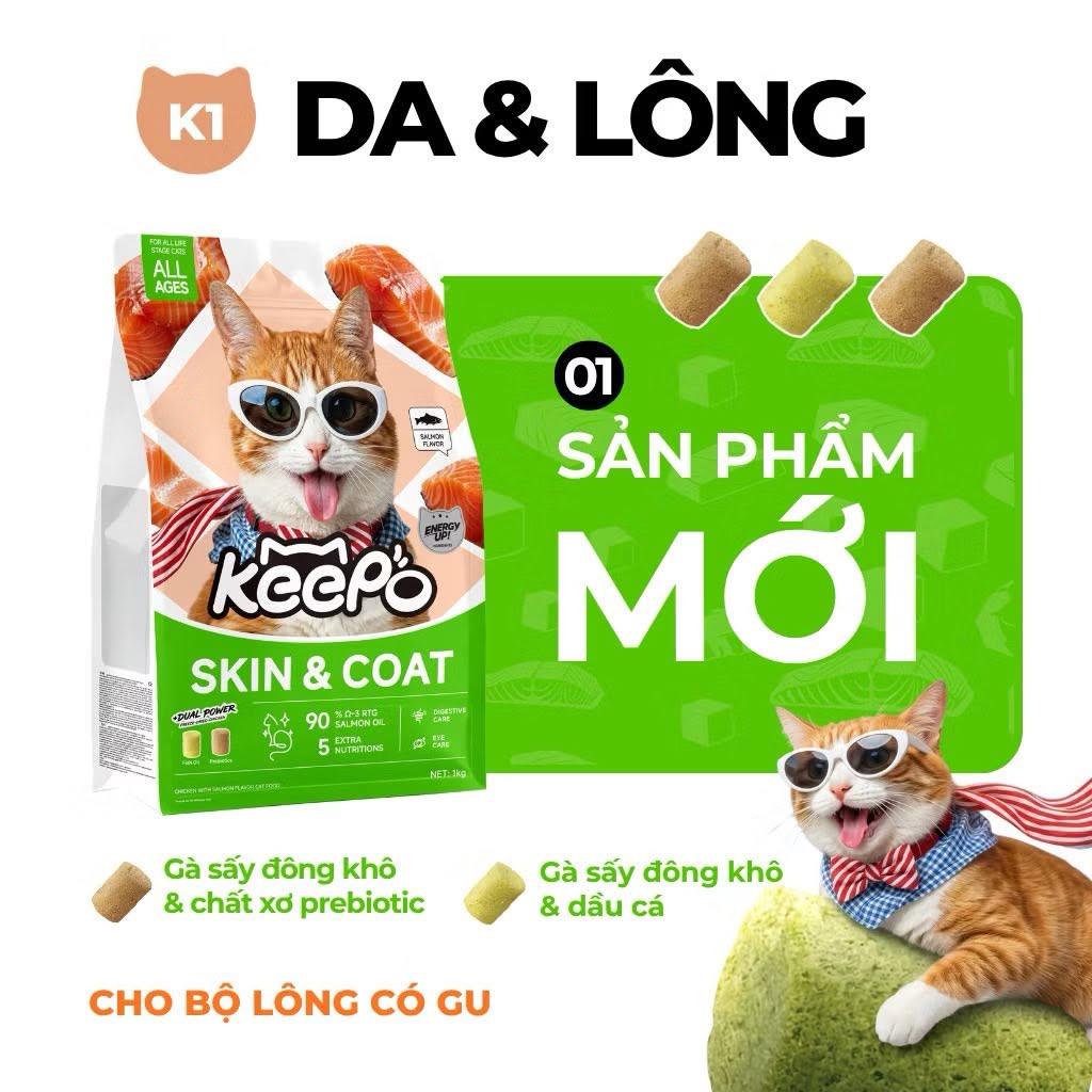 [SEAL 1KG] Hạt cho mèo Keepo K1 &amp; K2 - Đạm 30%, Đẹp lông da khỏe, Tiêu búi lông, Hỗ trợ tiêu hóa