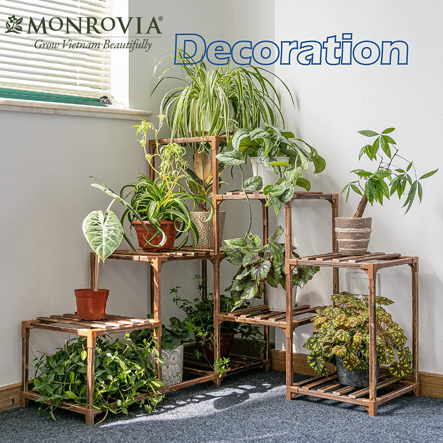 Kệ gỗ decor Monrovia để cây trang trí trong nhà, ban công siêu bền bỉ, tiêu chuẩn Châu Âu
