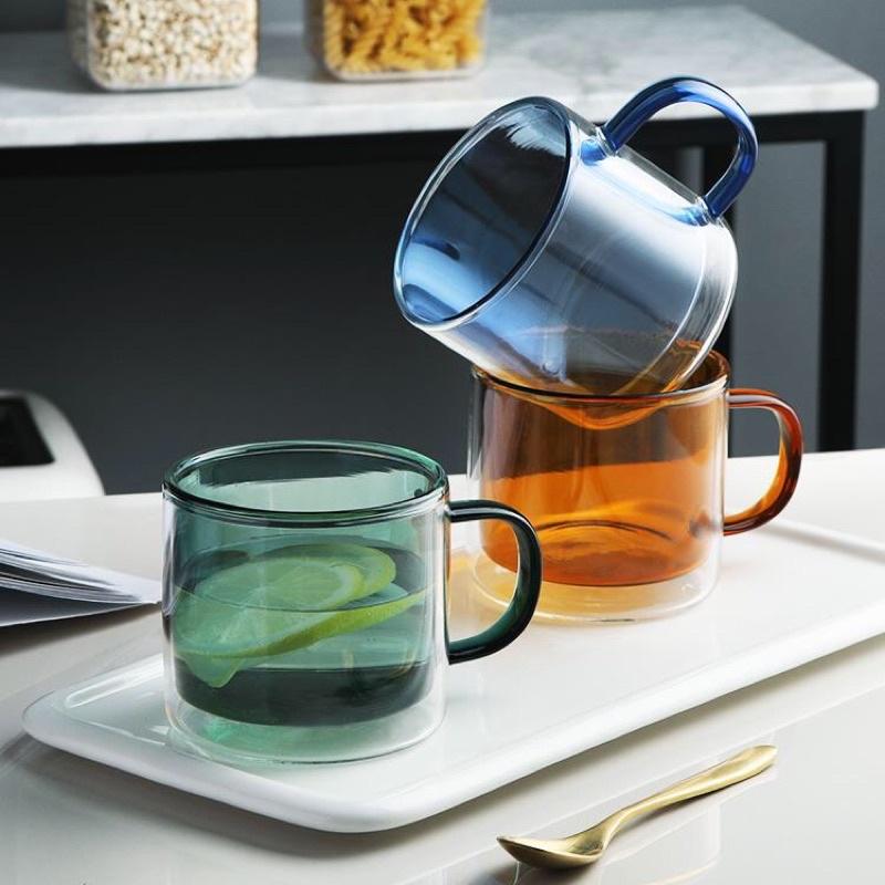 Cốc thủy tinh 2 lớp sắc màu, cốc thủy tinh có quai 300ml chịu nhiệt cao cấp