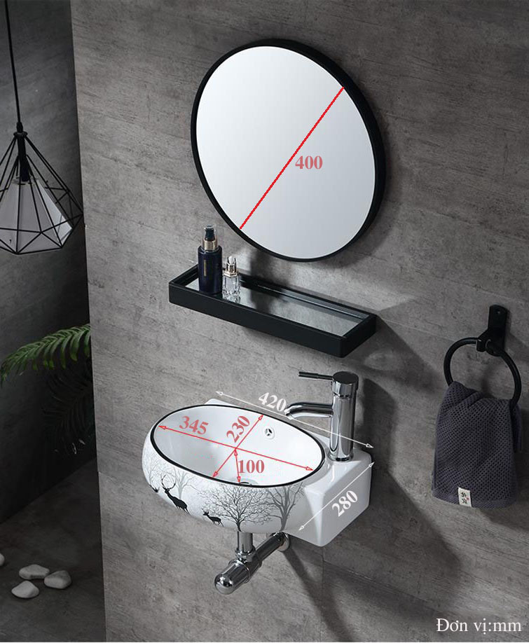 Bộ lavabo mini kiểu treo tường đã bao gồm gương và kệ kính phù hợp nhà tắm không gian nhỏ