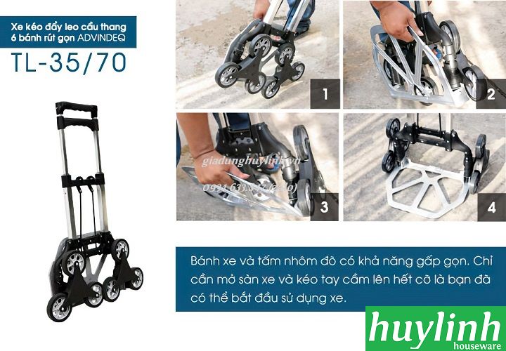 Xe kéo đẩy hàng leo cầu thang rút gọn Advindeq TL-35/70 - Tải trọng 35 - 70kg - Hàng chính hãng