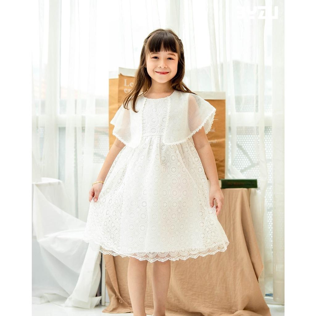 Váy đầm bé gái BYZU, váy công chúa trắng chất vải ren phối voan tơ