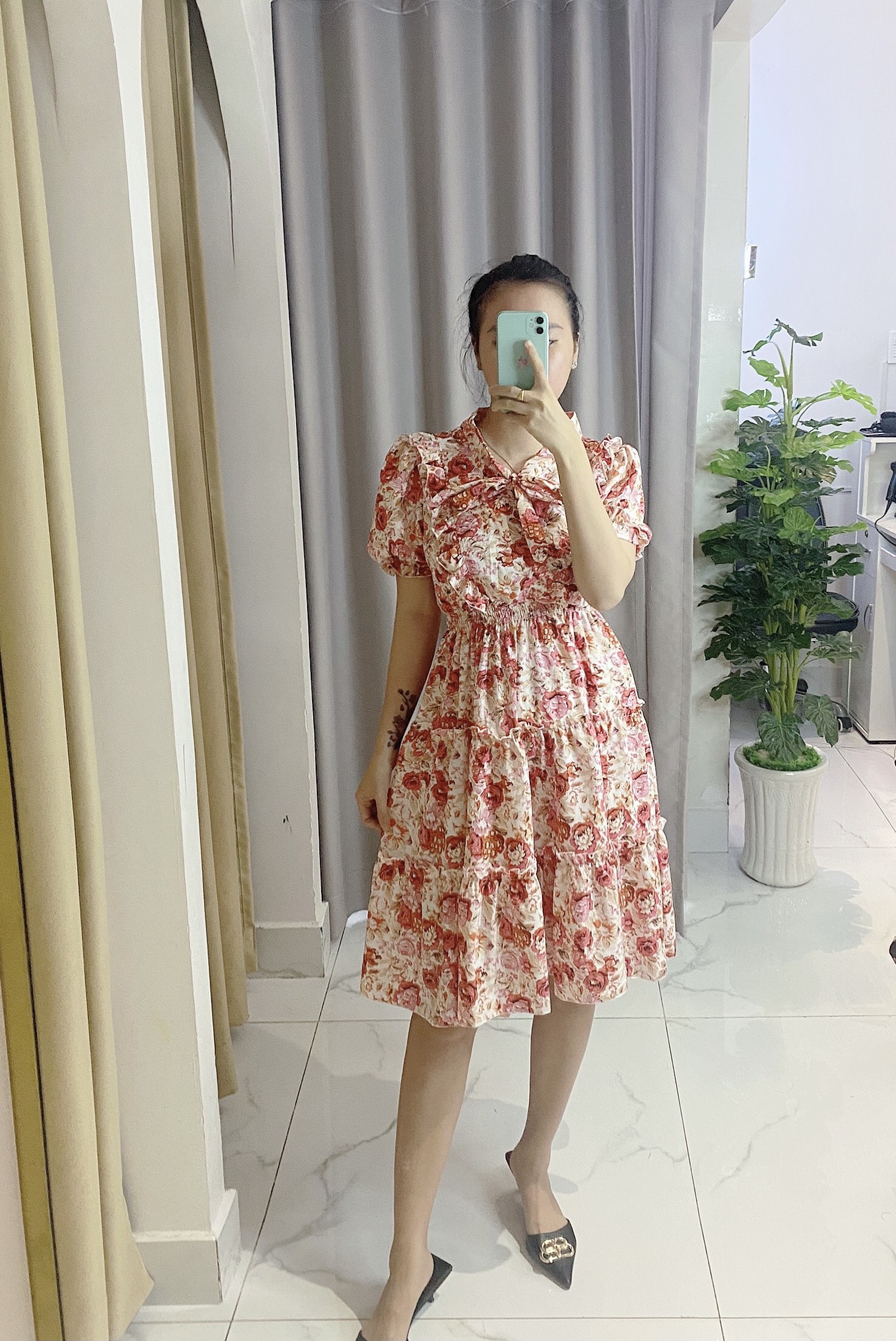 Váy nữ thời trang tiểu thư tiệc cưới, váy hoa cột nơ cổ, chất lụa mát không nhăn, không ra màu V015