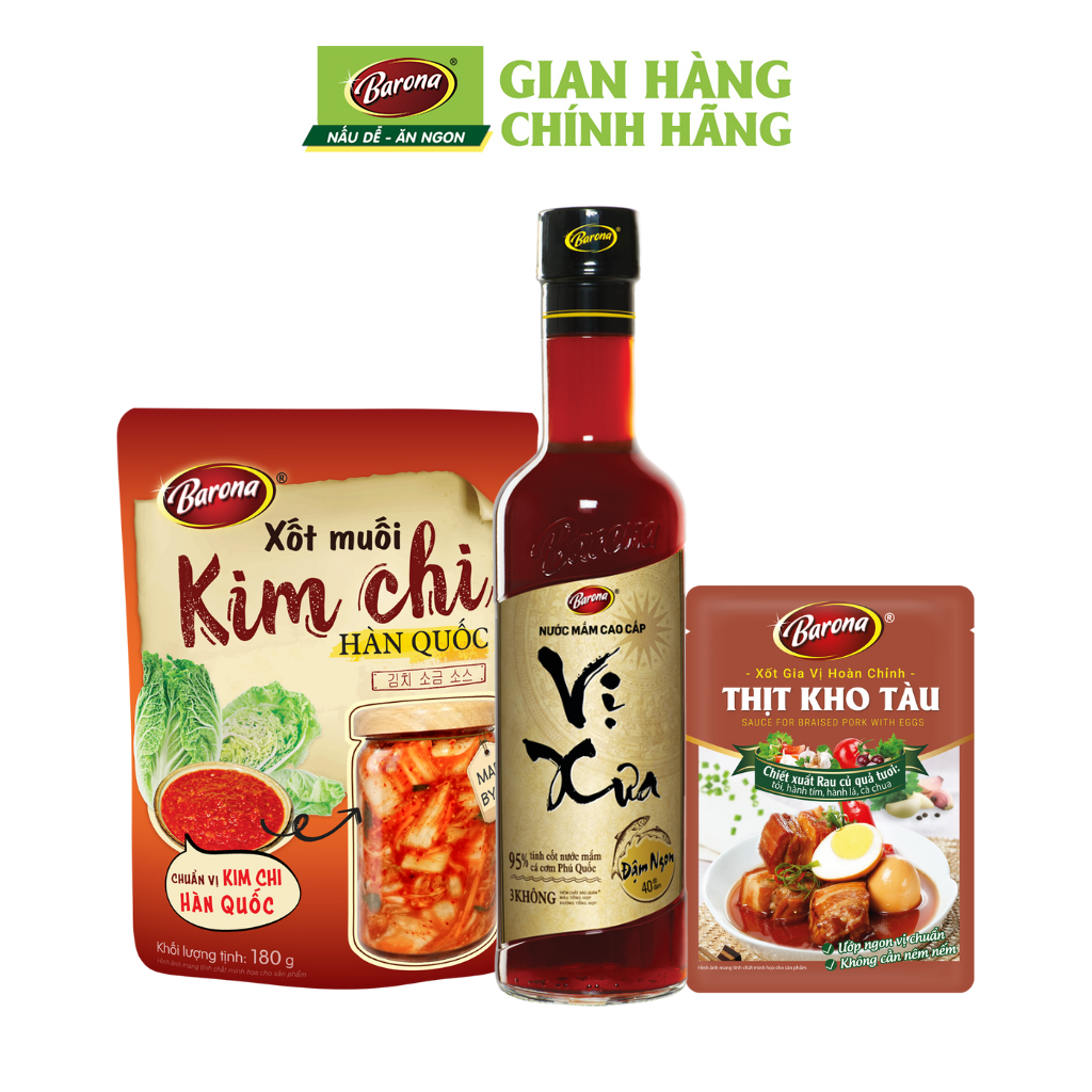 Gia Vị Tết Barona, Combo 1 Chai Nước mắm Vị Xưa Barona 40N 500ml, 1 gói Xốt Muối Kim Chi 180g, 1 gói Thịt Kho Tàu 80g