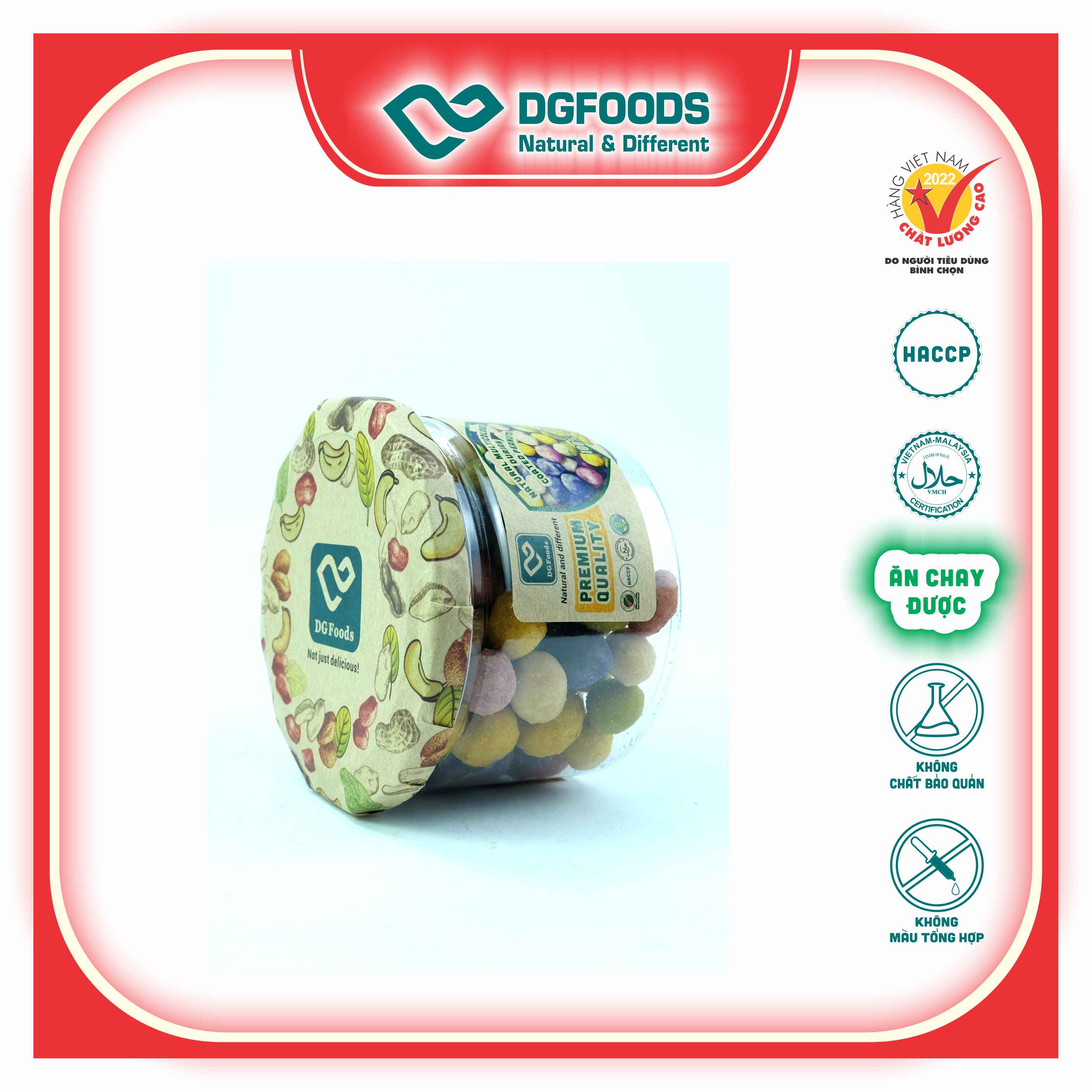 Đậu Phộng Sầu Riêng đa sắc DGfoods 120g/ Natural multicolored durian coated peanuts/ Hũ nắp nhôm, HVNCLC, Haccp, Halal, Ăn chay, Ăn kiêng, Đặc sản Cần Thơ, quà tặng, quà Tết, hạt dinh dưỡng