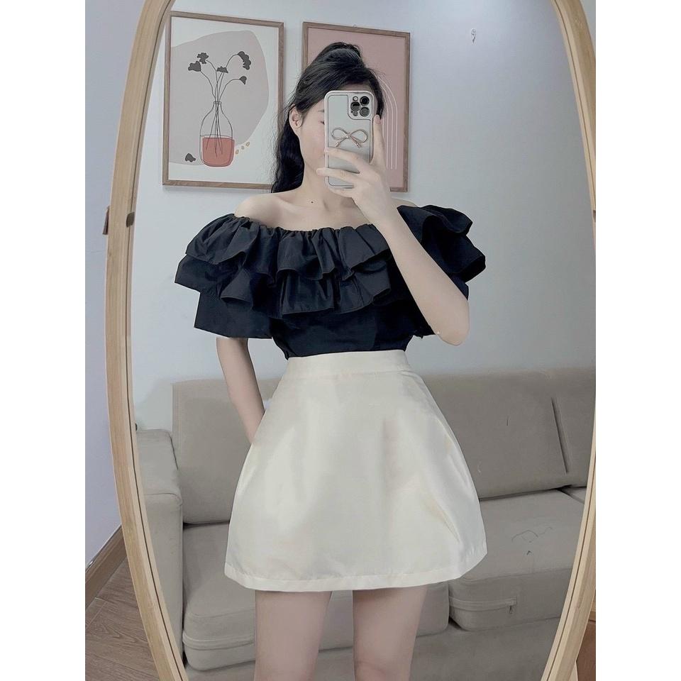 Áo croptop trễ vai phối bèo 1 tầng nhiều màu LOVI